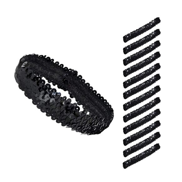 Black Sequins Headbands - 12 Elastic Sparkle Headbands for Women & Girls - Disco - Picture 1 of 7